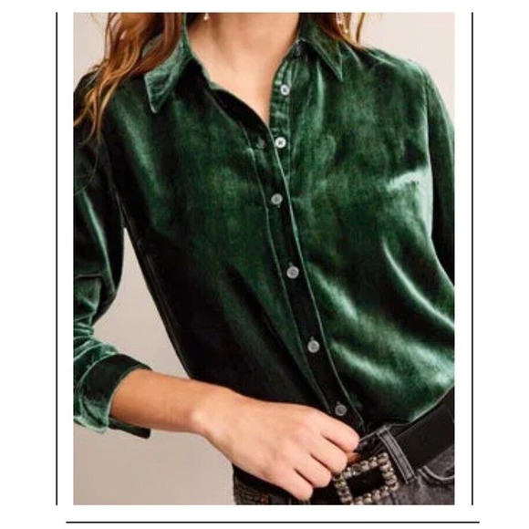 Boden Sienna Velvet Shirt Viscose Button Down Top US 8 Green Regal Holidays - Picture 4 of 14